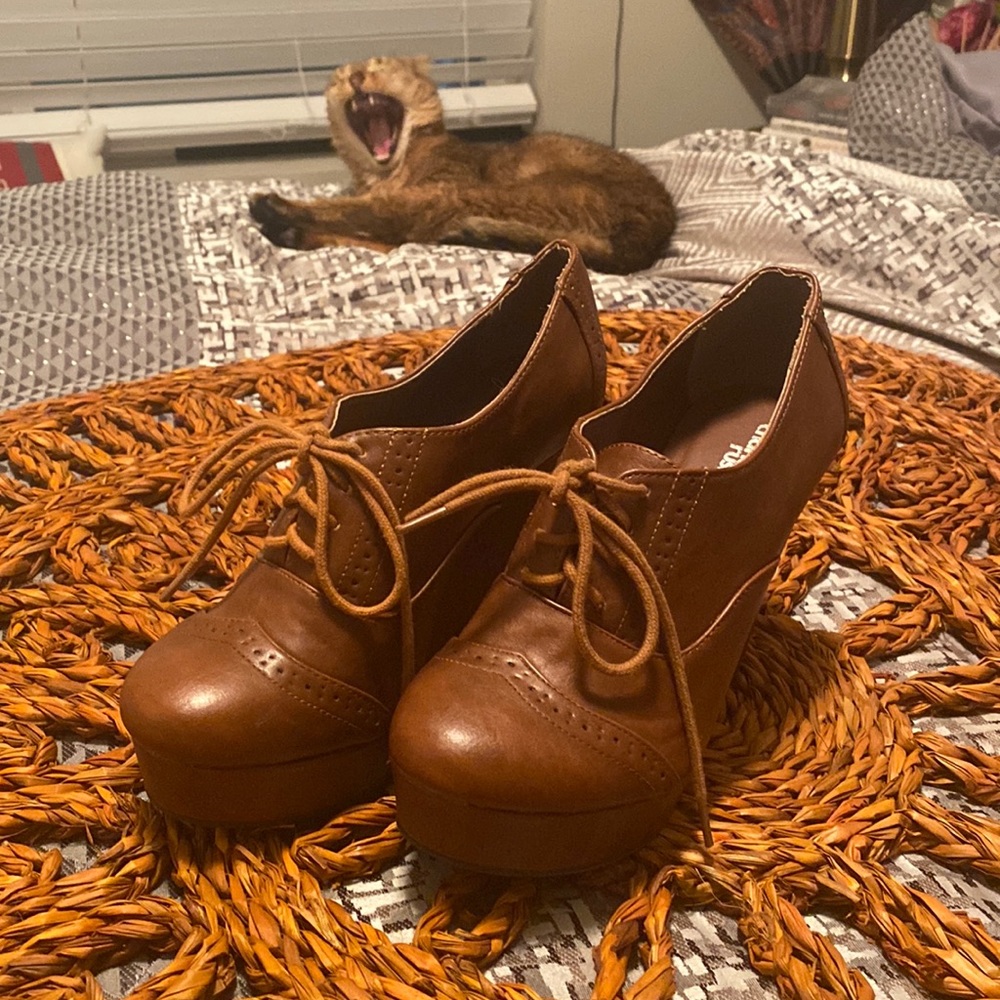 Charlotte Russe, Size 7 - Brown Wedge Tie Booties